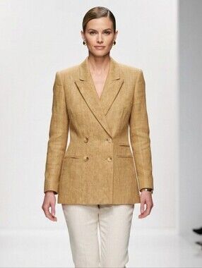 Ellen Tracy Company Petite Gold Tan 100% Linen Double Breasted Blazer Size 12